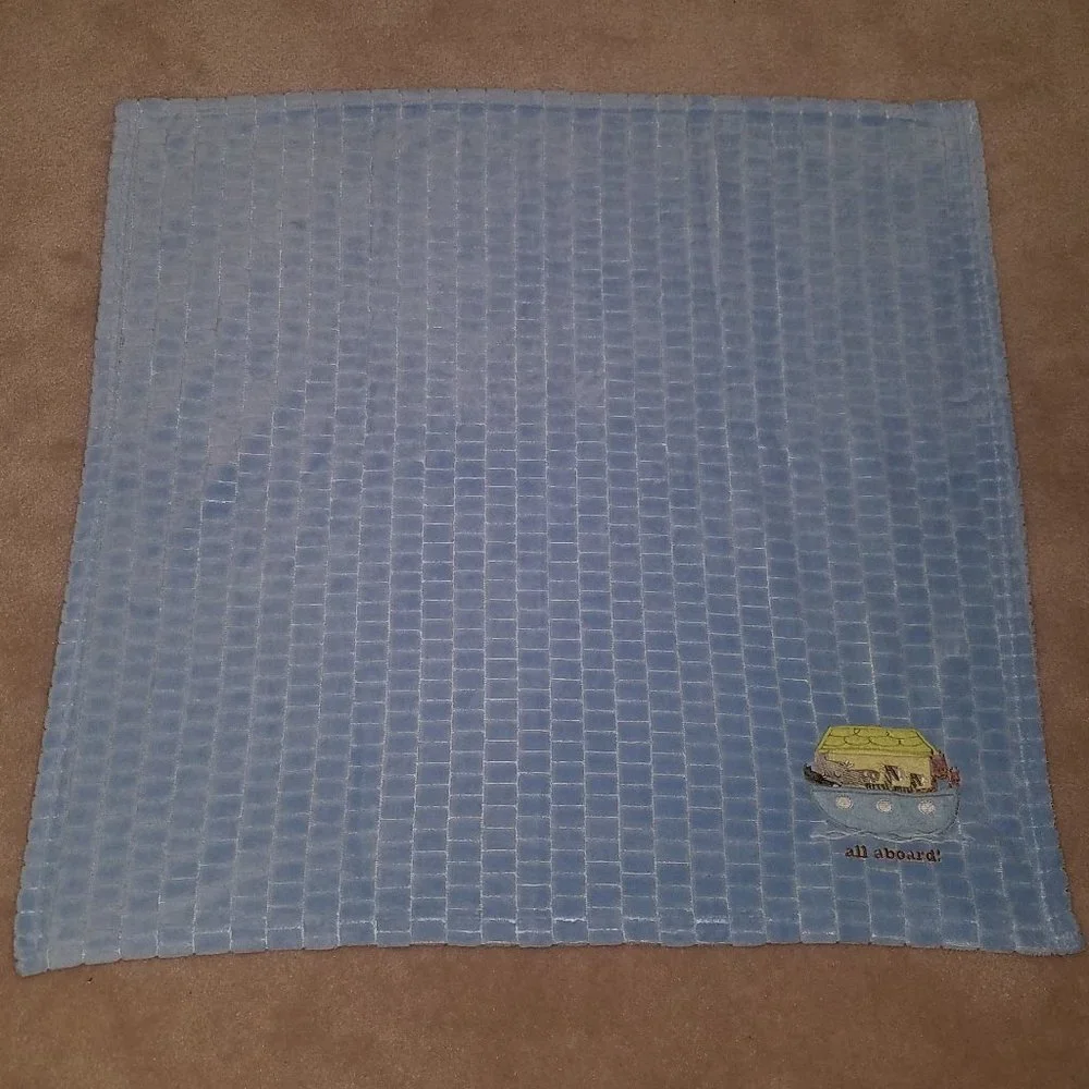 All Aboard Noah's Ark Blue Fleece Baby Blanket Lovey Giraffes Zebras Rhinos Soft